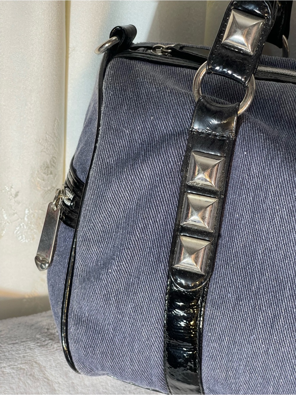 BetseyJohnson Studded Denim Barrel Bag with Patent Trim - Picture 4 of 16